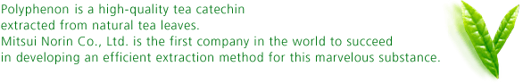 Polyphenon is a high-quality tea catechin extracted from natural tea leaves. Mitsui Norin Co., Ltd. is the first company in the world to succeed in developing an efficient extraction method for this marvelous substance.